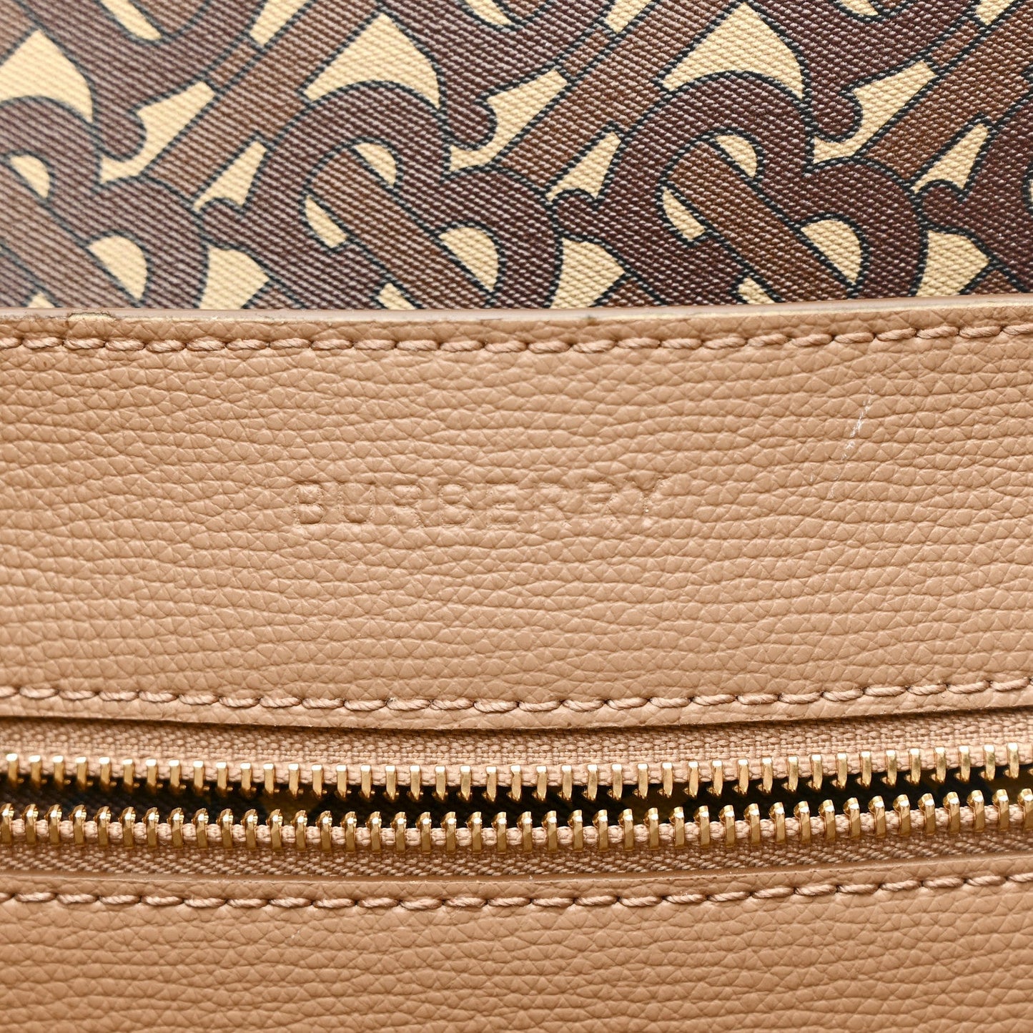 Calfskin TB Motif Embossed Medium Tote Camel