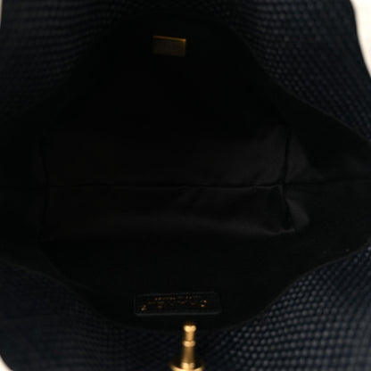 Braided Raffia Calfskin Stitched Small Shopping Tote Black White