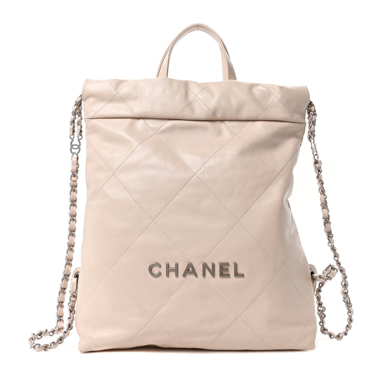 Shiny Calfskin Quilted Chanel 22 Backpack Beige