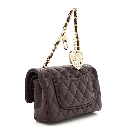 Lambskin Quilted Mini Flap Bag Charm With Hook Dark Brown