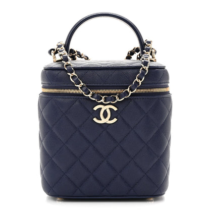 Caviar Quilted Small Top Handle Vanity Case With Chain Navy Blue
