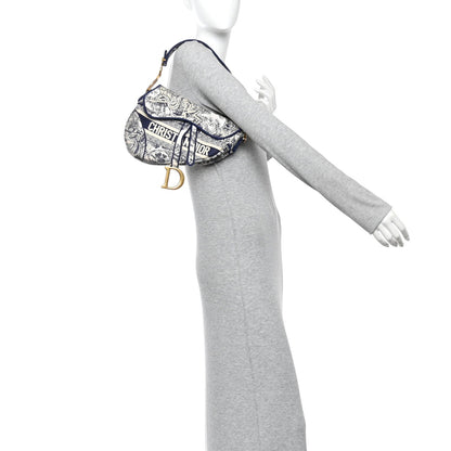 Canvas Embroidered Toile de Jouy Saddle Bag Blue
