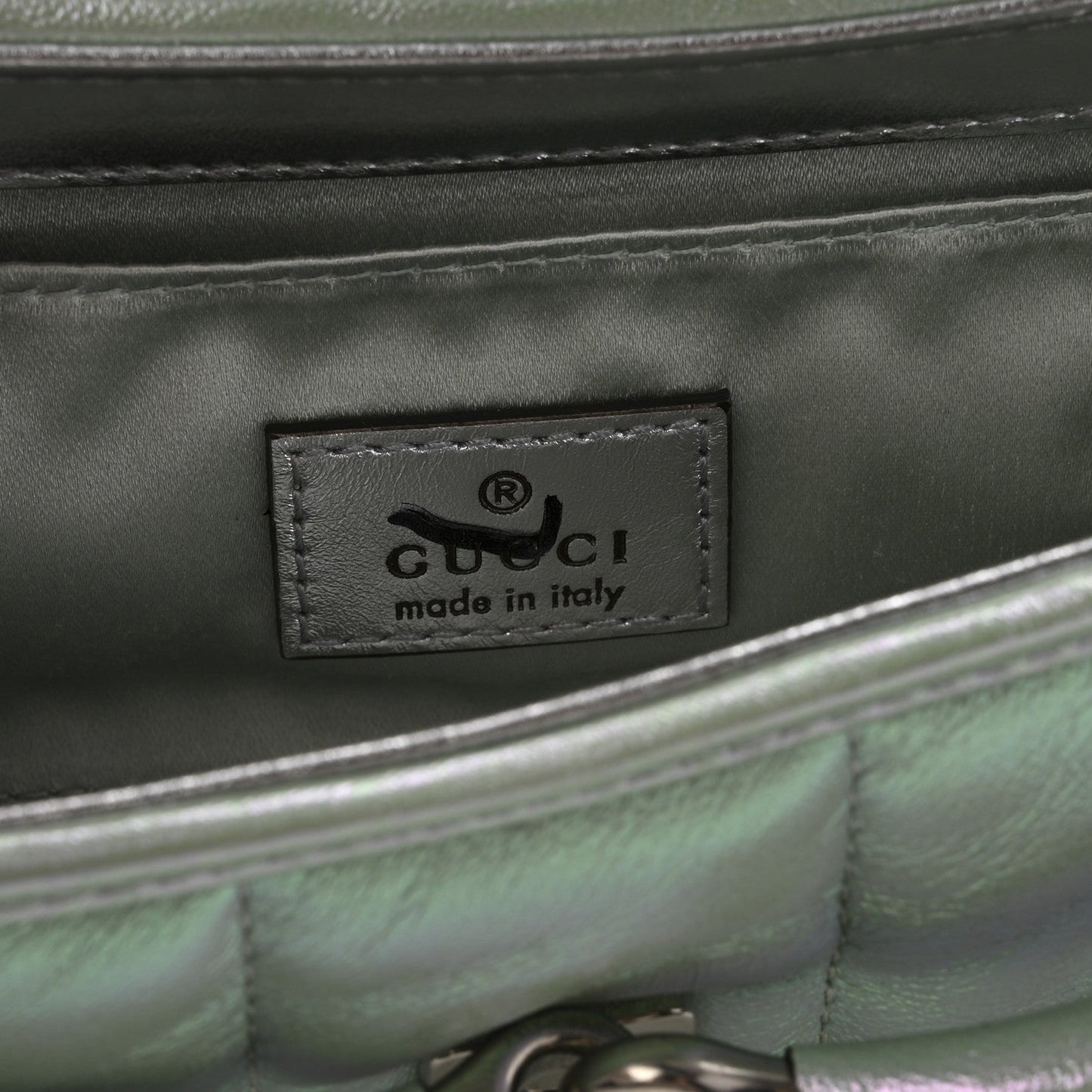 Iridescent Nappa Vertical Matelasse Small Maxi Horsebit Chain Shoulder Bag Iridescent Salvy Green