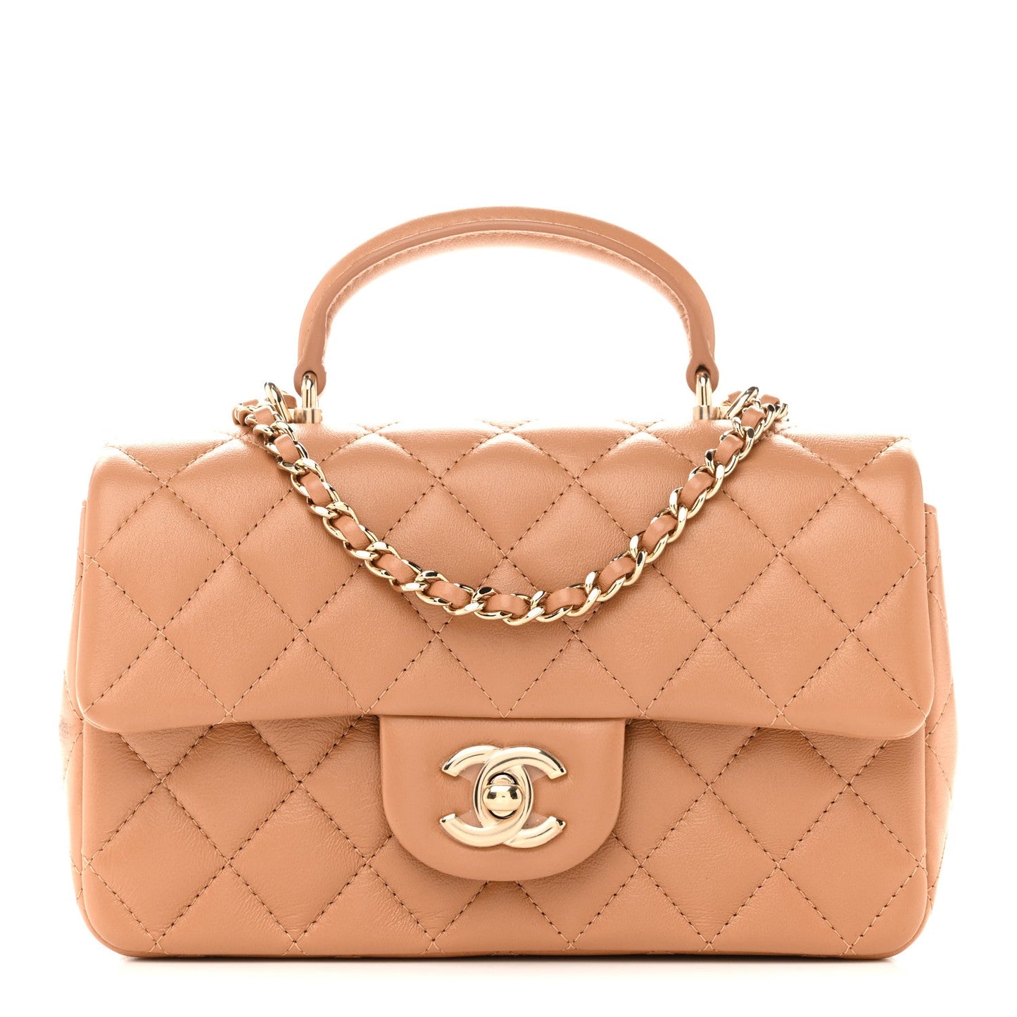 Lambskin Quilted Mini Top Handle Rectangular Flap Dark Beige
