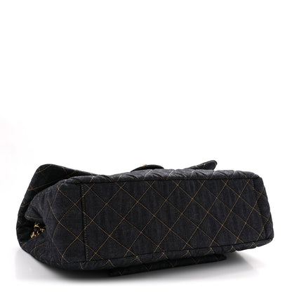 Denim Quilted XXL Travel Flap Bag Dark Blue Orange