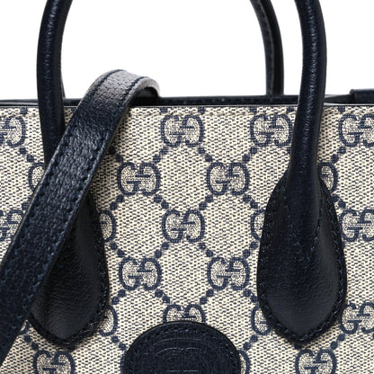 GG Supreme Monogram Textured Dollar Calfskin Mini Retro Interlocking G Tote Bag Beige Blue