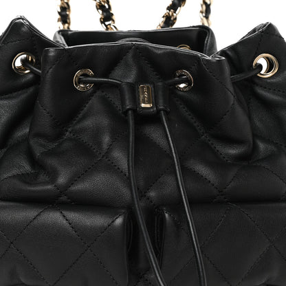 Lambskin Quilted Double Pocket Drawstring Backpack Black