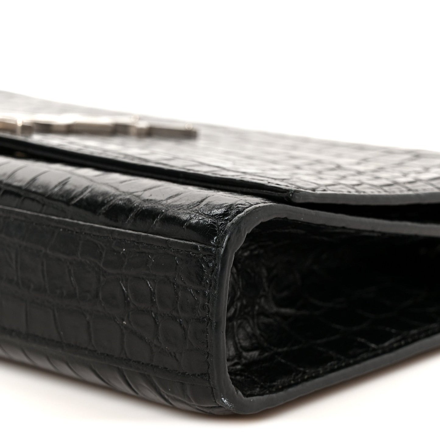 Calfskin Crocodile Embossed Medium Classic Monogram Kate Tassel Satchel Black