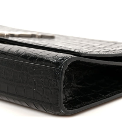 Calfskin Crocodile Embossed Medium Classic Monogram Kate Tassel Satchel Black