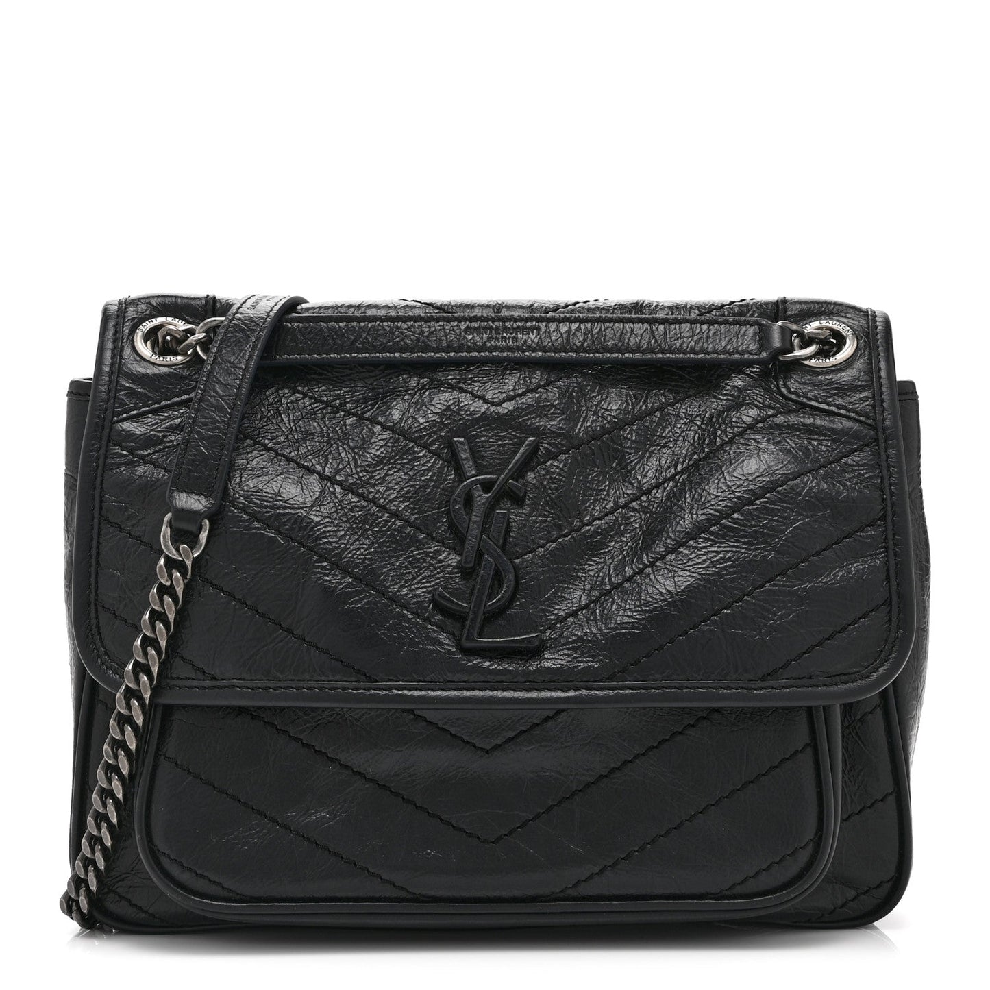 Crinkled Calfskin Matelasse Monogram Medium Niki Chain Satchel Black