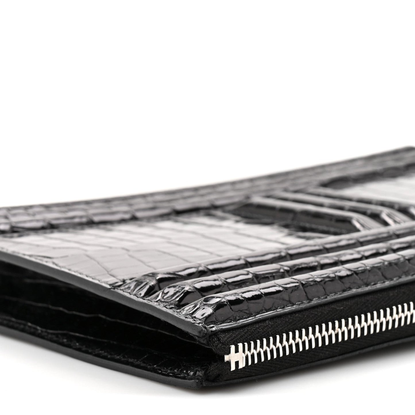 Shiny Porosus Crocodile Lisse Kelly Cadena Clutch Black