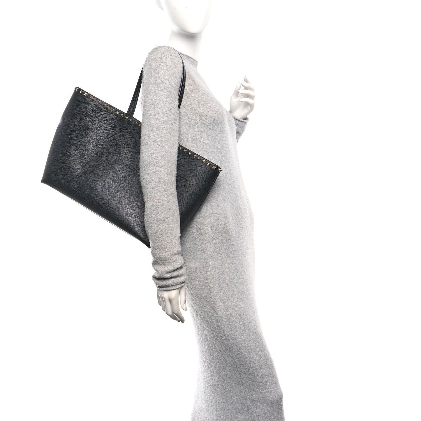Grained Calfskin Rockstud Shoulder Tote Black