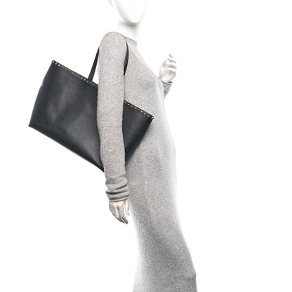 Grained Calfskin Rockstud Shoulder Tote Black