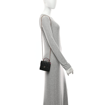 Lambskin Quilted Bi-Color Top Handle Clutch With Chain Black Pink