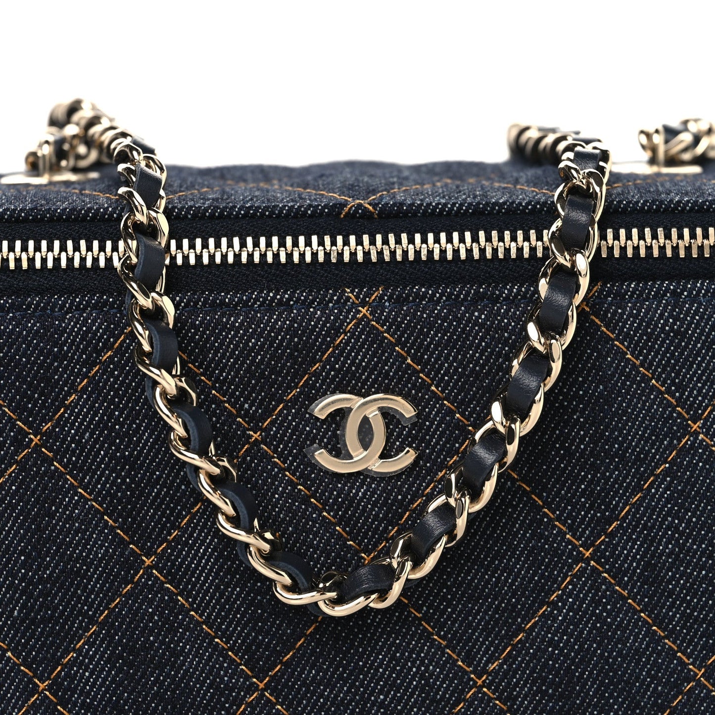 Denim Quilted Vanity Case With Chain Dark Blue