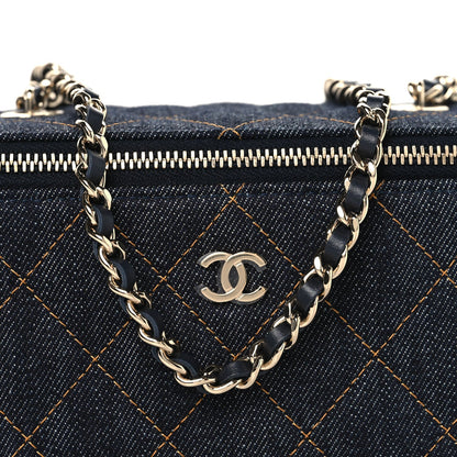 Denim Quilted Vanity Case With Chain Dark Blue