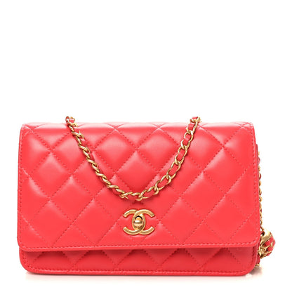 Lambskin Quilted CC Pearl Crush Wallet On Chain WOC  Red