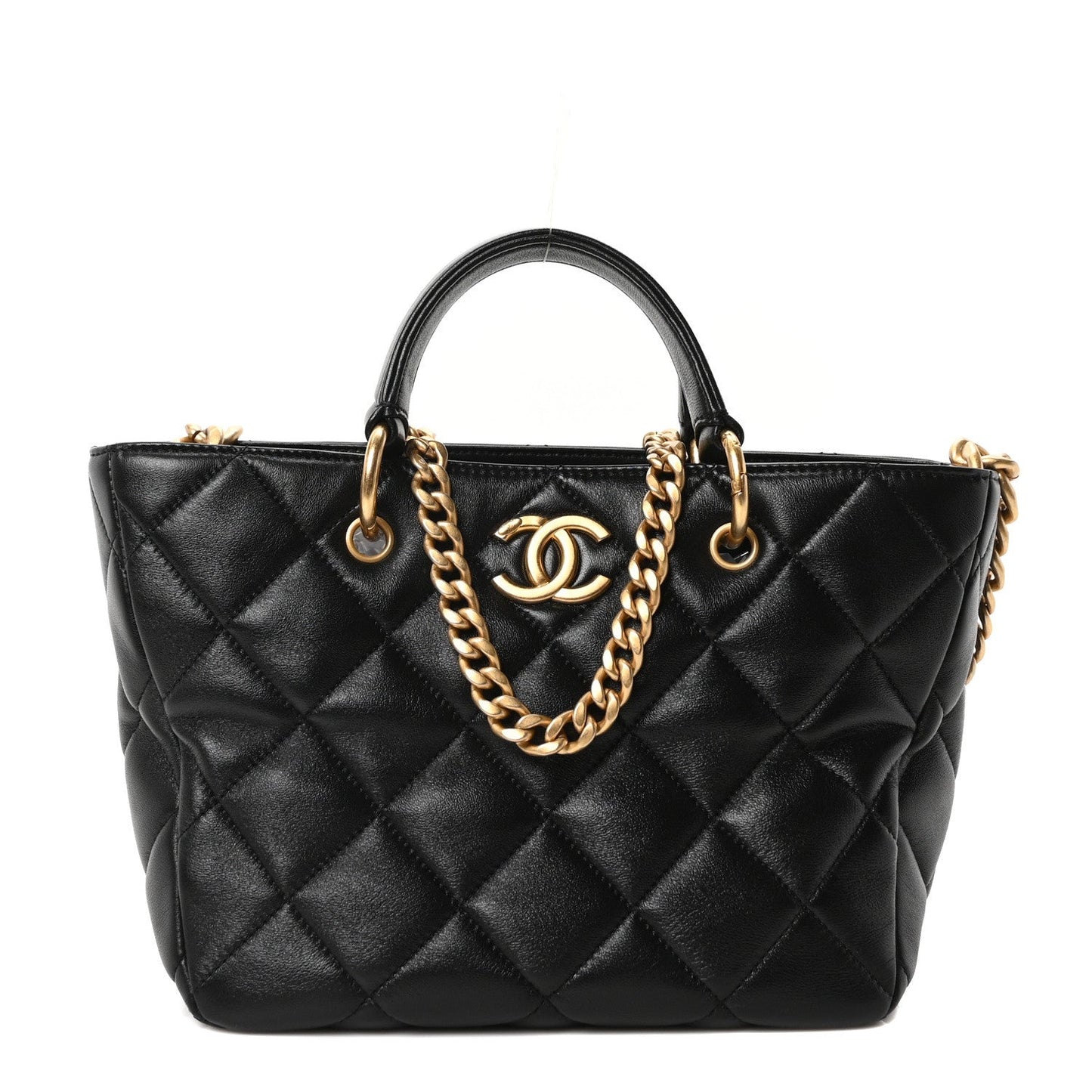 Lambskin Quilted Small Top Handle Shopping Bag Black