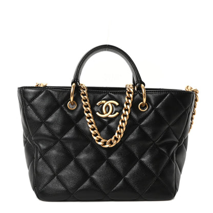 Lambskin Quilted Small Top Handle Shopping Bag Black