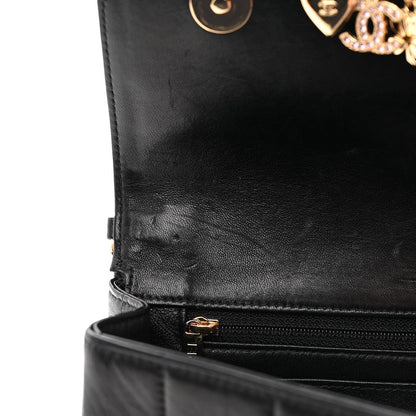 Lambskin Quilted Crystal Chocolate Bar Charm Flap Black