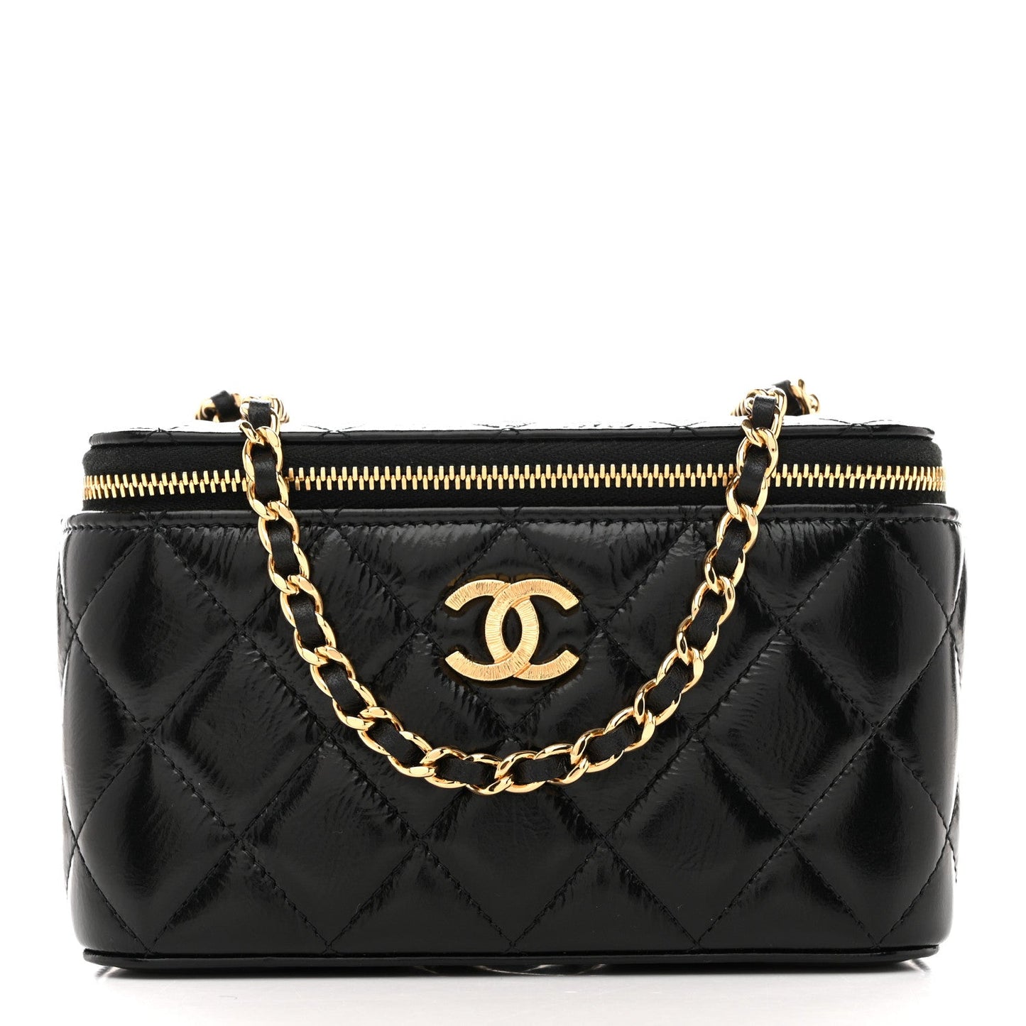 Shiny Lambskin Quilted Small Vanity Case With Chain Black