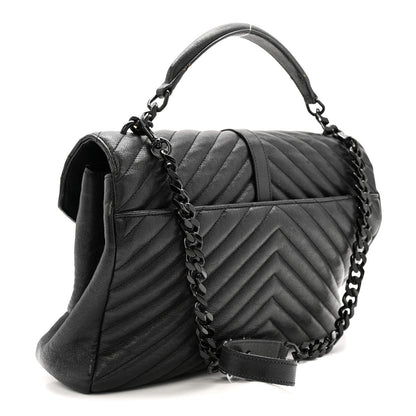 Sheepskin Matelasse Chevron Monogram Monochrome Large College Satchel Black