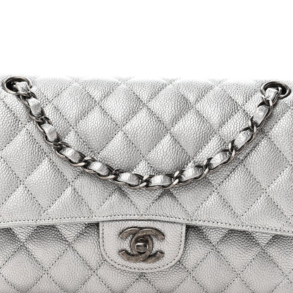 Metallic Caviar Quilted Medium Double Flap Silvery
