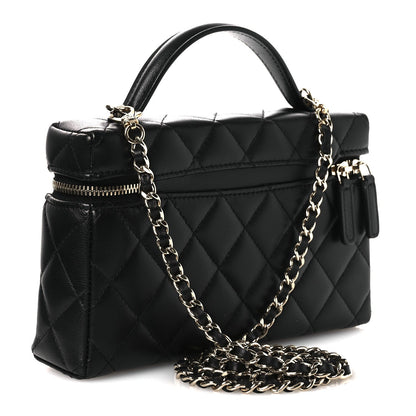 Lambskin Quilted Crystal CC Top Handle Slim Vanity Case With Chain Black