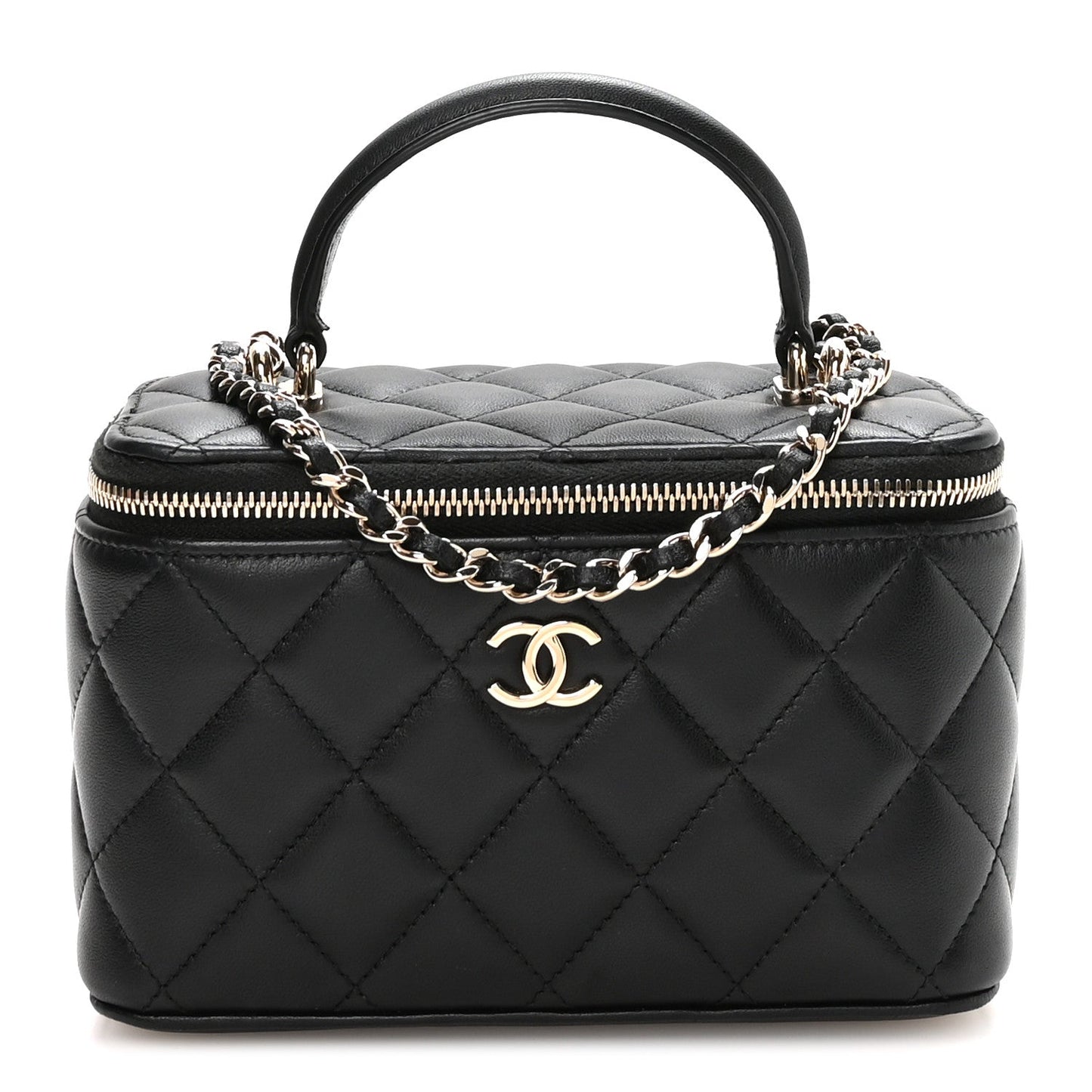 Lambskin Quilted Small Top Handle Vanity Case With Chain Black