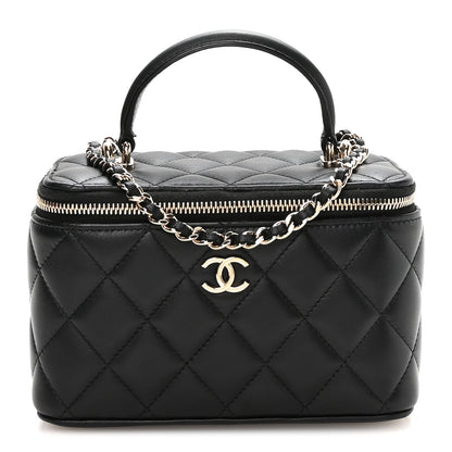 Lambskin Quilted Small Top Handle Vanity Case With Chain Black