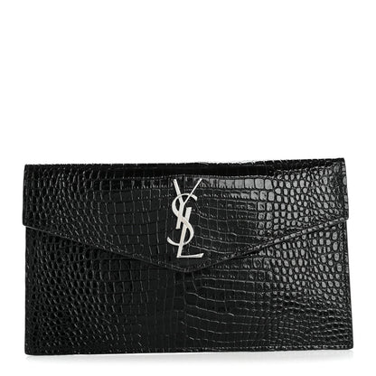 Calfskin Crocodile Embossed Uptown Monogram Pouch Black