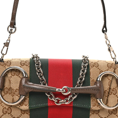 Monogram Textured Dollar Calfskin Heavy Grosgrain Web Small Maxi Horsebit Chain Shoulder Bag Beige Ebony New Acero