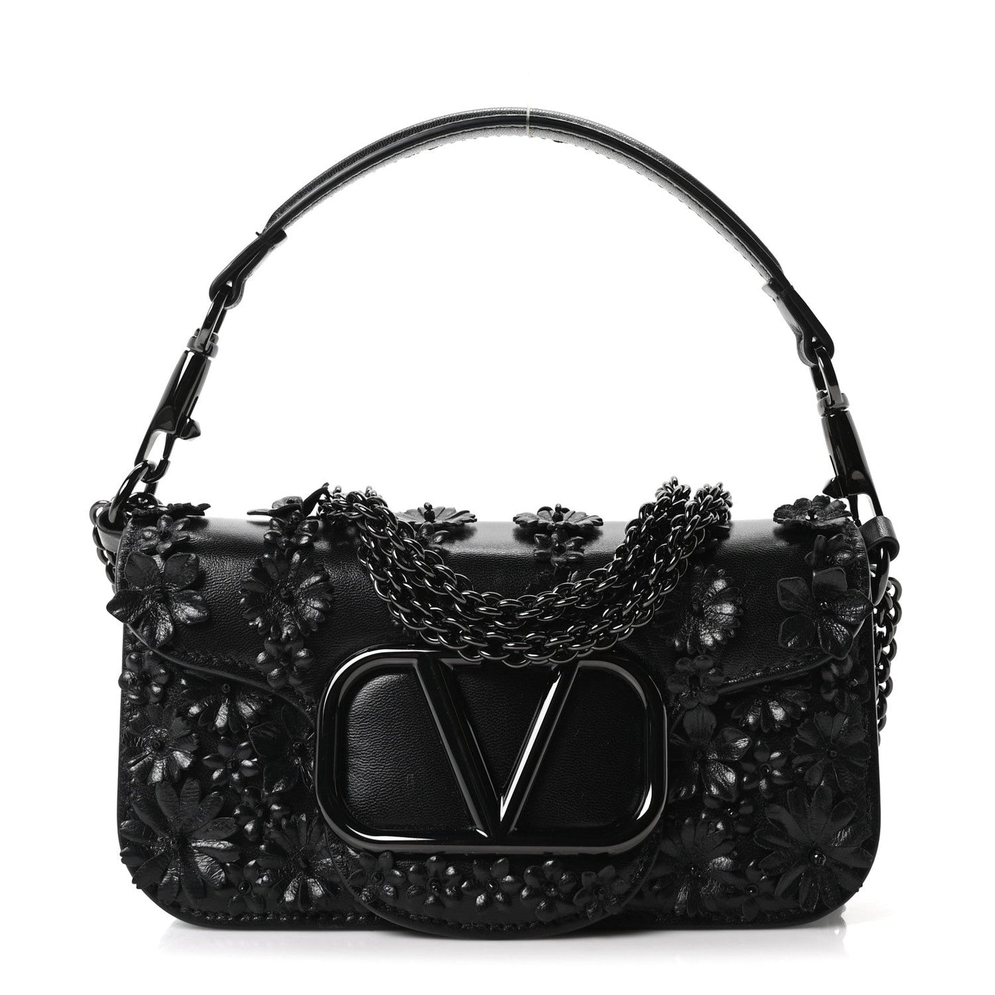Calfskin Floral Embroidered Monochrome Vlogo Small Loco Shoulder Bag Black