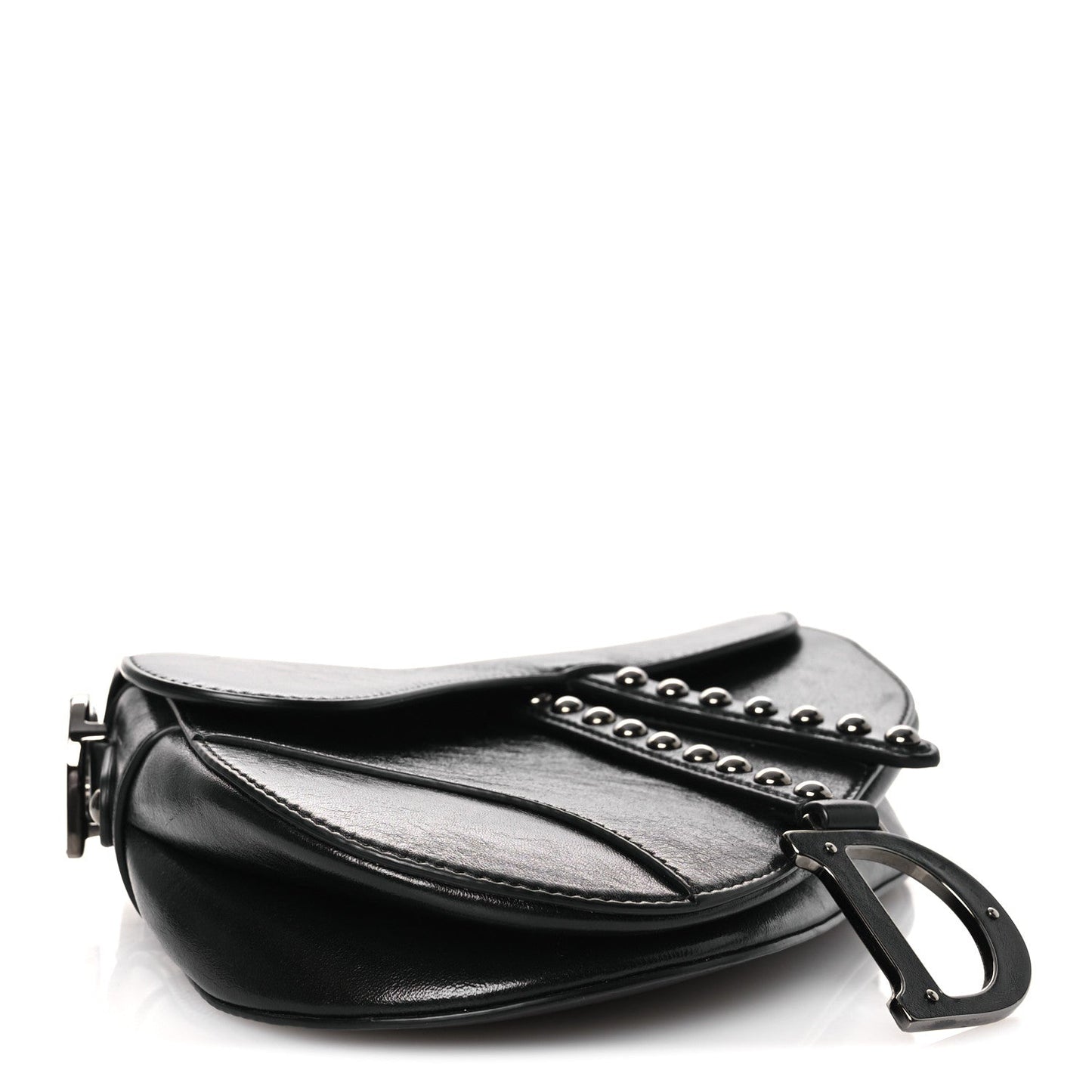 Shiny Crinkled Calfskin Studded Saddle Bag Black
