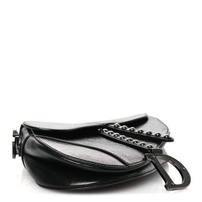 Shiny Crinkled Calfskin Studded Saddle Bag Black
