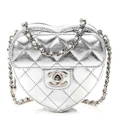 Metallic Lambskin Quilted CC In Love Heart Clutch With Chain Silver