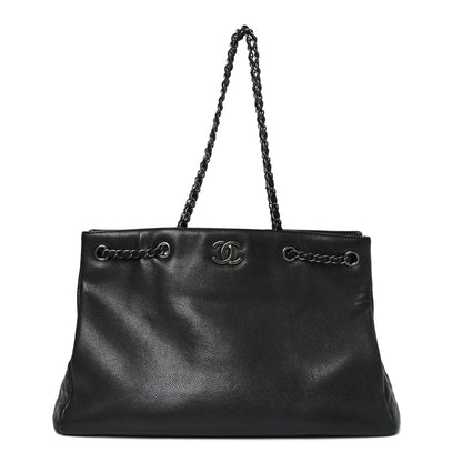 Metallic Grained Calfskin Woven Chain Large Shopping Bag Black