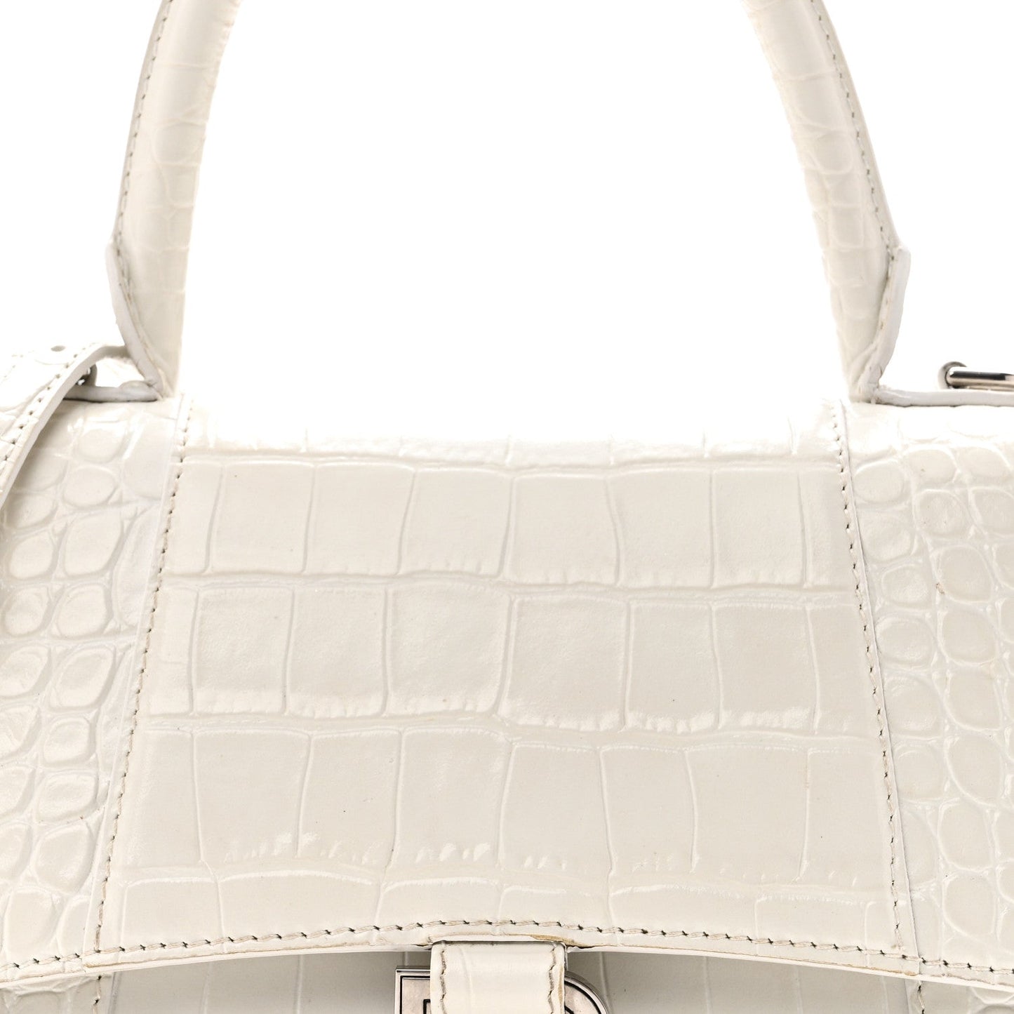 Calfskin Crocodile Embossed Small Hourglass Top Handle Bag White