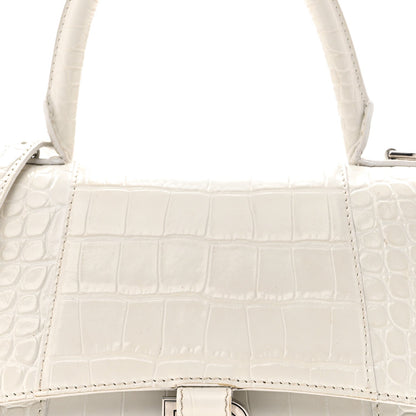 Calfskin Crocodile Embossed Small Hourglass Top Handle Bag White