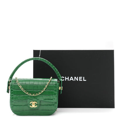 Calfskin Crocodile Embossed Turn Around Mini Flap Emerald