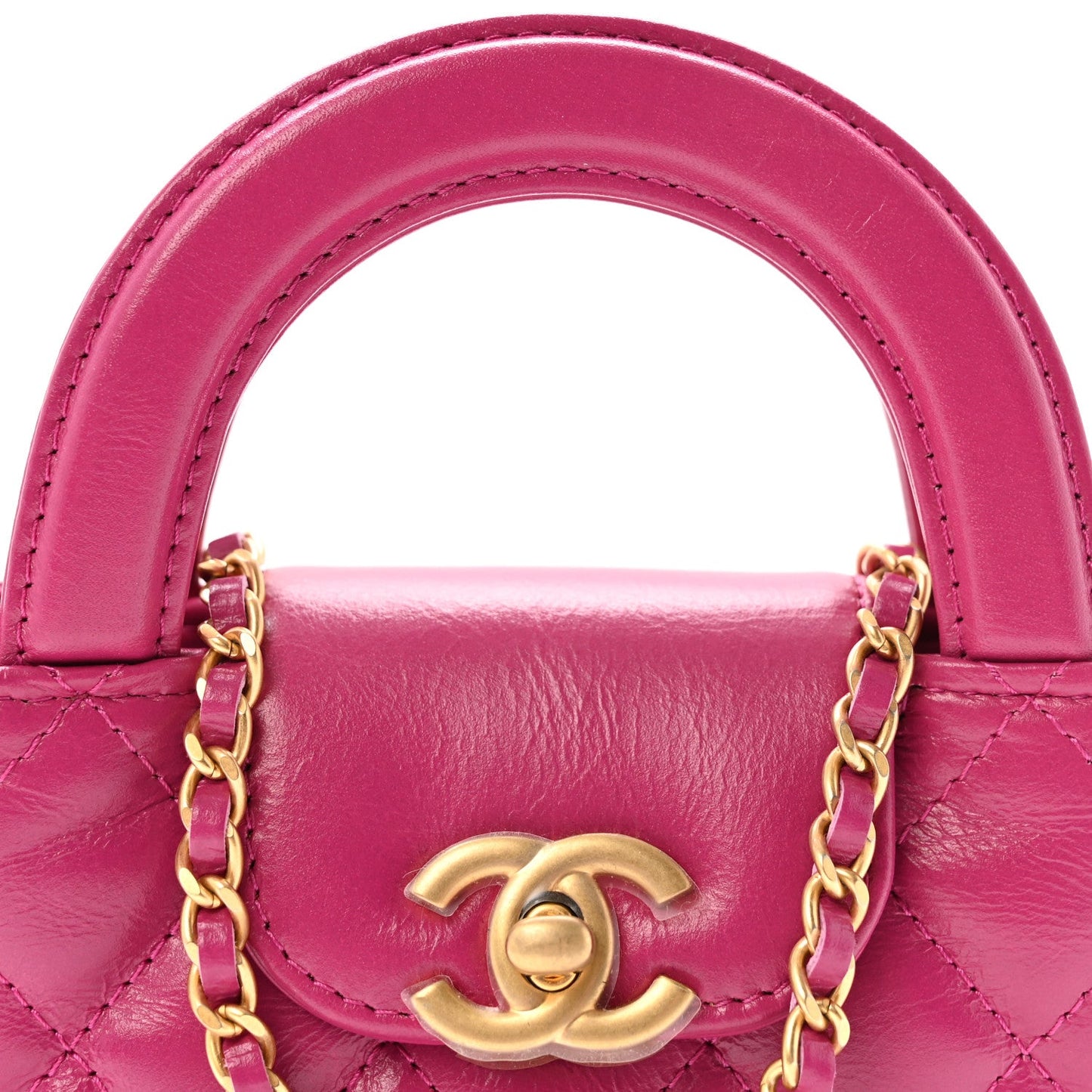 Shiny Aged Calfskin Quilted Mini Nano Kelly Shopper Dark Pink