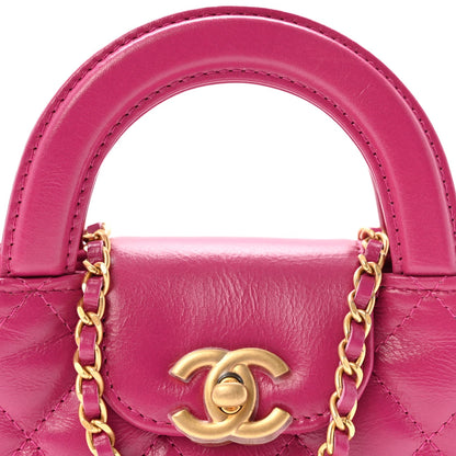 Shiny Aged Calfskin Quilted Mini Nano Kelly Shopper Dark Pink