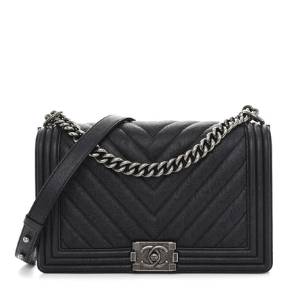 Caviar Chevron Quilted New Medium Boy Flap Dark Navy Blue