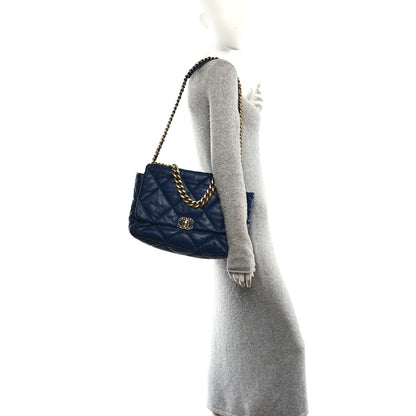 Goatskin Quilted Maxi Chanel 19 Flap Navy Blue