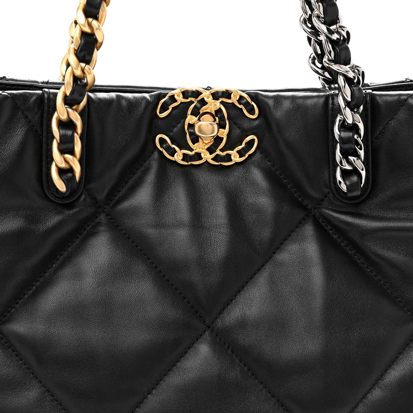 Lambskin Quilted Chanel 19 East West Shopping Bag Black