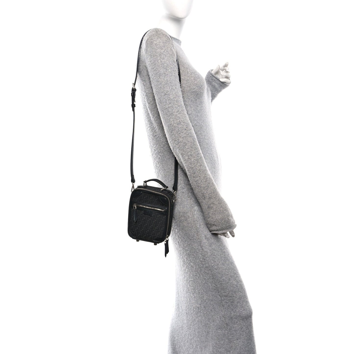 Recycled Fabric Jacquard Vitello Astro Micro FF Mini Trolley Bag Asfalto Black