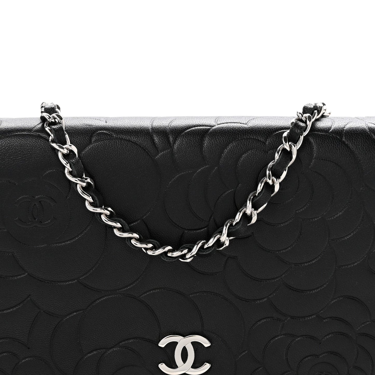 Lambskin Camellia Embossed Wallet On Chain WOC Black