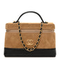 Suede Calfskin Shiny Lambskin Quilted Top Handle Slim Vanity Case With Chain Beige Black