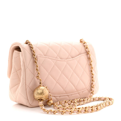 Lambskin Quilted Mini Rectangular Pearl Crush Flap Light Beige