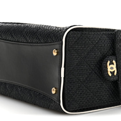 Braided Raffia Calfskin Small Chanel 25 Handbag Black White